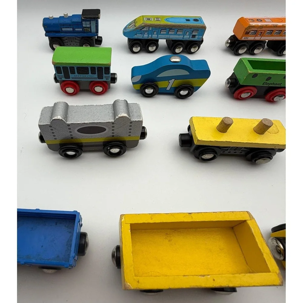 Mixed Wooden Magnetic Train Cars Lot 13pc Engines Freight Passenger Vehicles